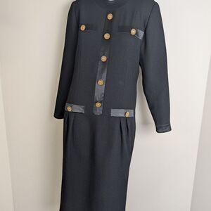 Vintage Irving Samuel Wool Sheath Dress, Gold Buttons, Chanel-Inspired, Size 8